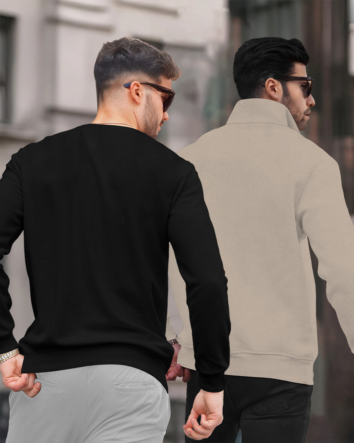 (Pack Of 2) Mens Plain Winter Sweatshirts / Black Round Neck & Beige High Neck