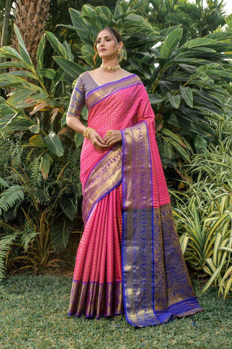 Lovely Dark Pink Soft Banarasi Silk Saree With Bewitching Blouse Piece