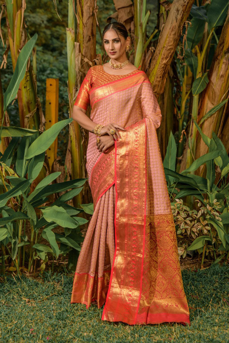 Energetic Pink Soft Banarasi Silk Saree With Bewitching Blouse Piece