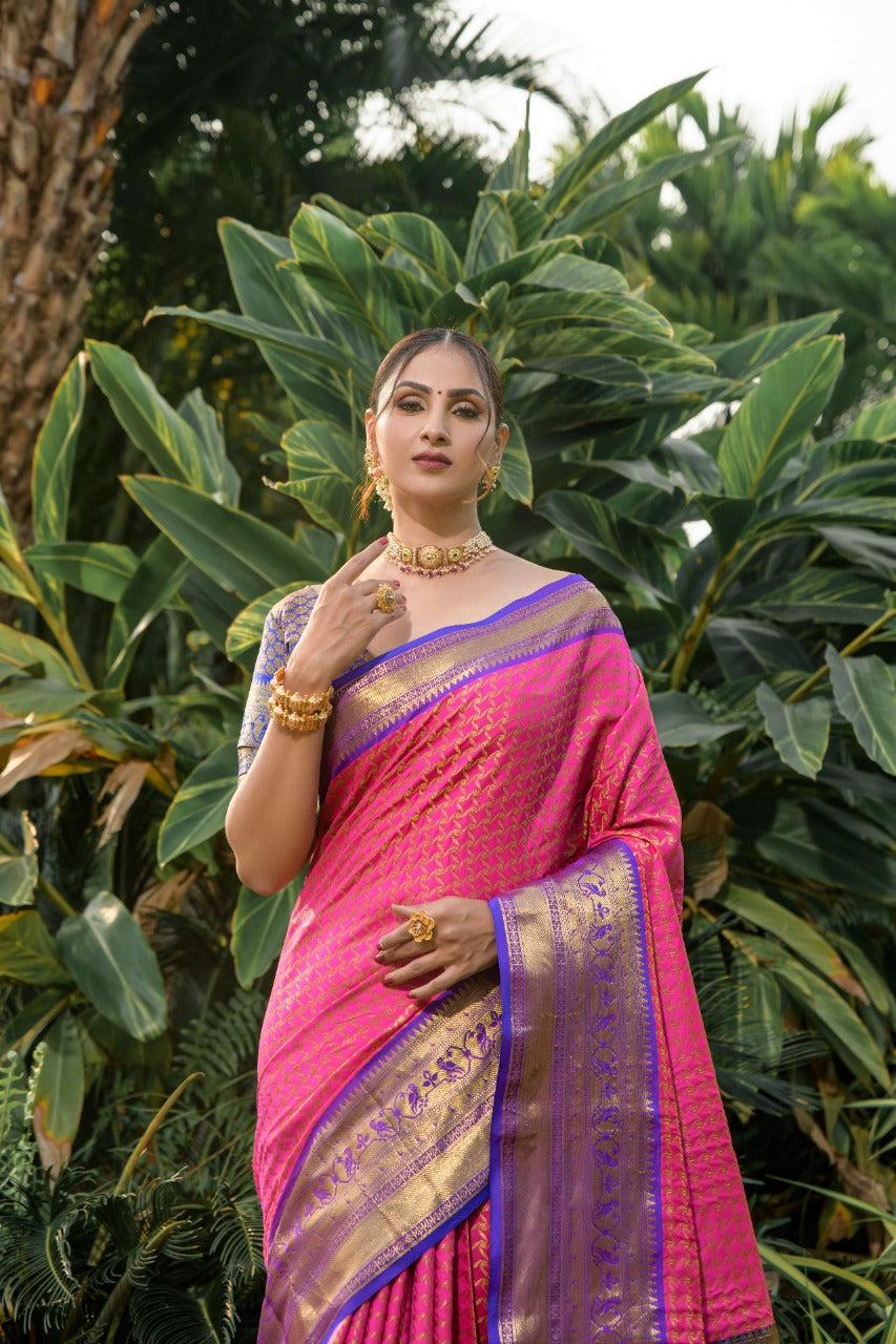 Lovely Dark Pink Soft Banarasi Silk Saree With Bewitching Blouse Piece