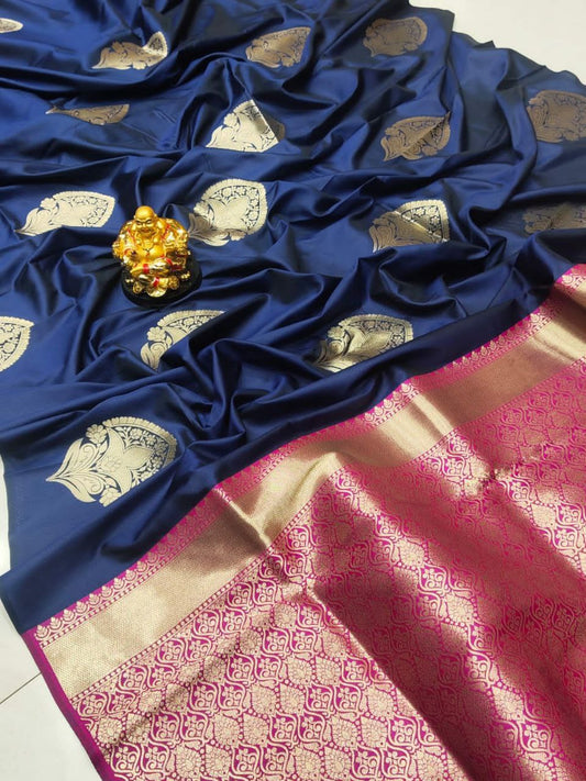 Designer Navy Blue Banarasi Silk Saree With Radiant Blouse Piece