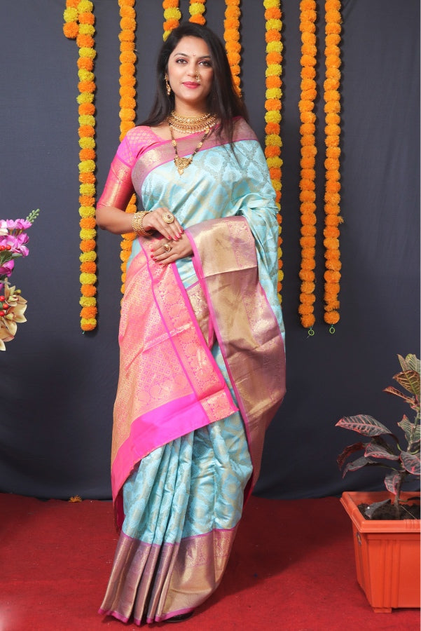 Beautiful sky Kanjivaram Silk With Extraordinary Blouse Piece