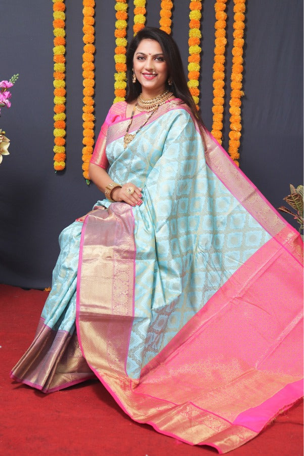 Beautiful sky Kanjivaram Silk With Extraordinary Blouse Piece