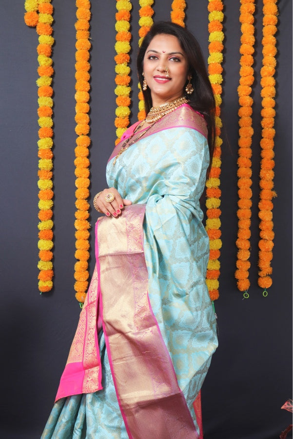 Beautiful sky Kanjivaram Silk With Extraordinary Blouse Piece