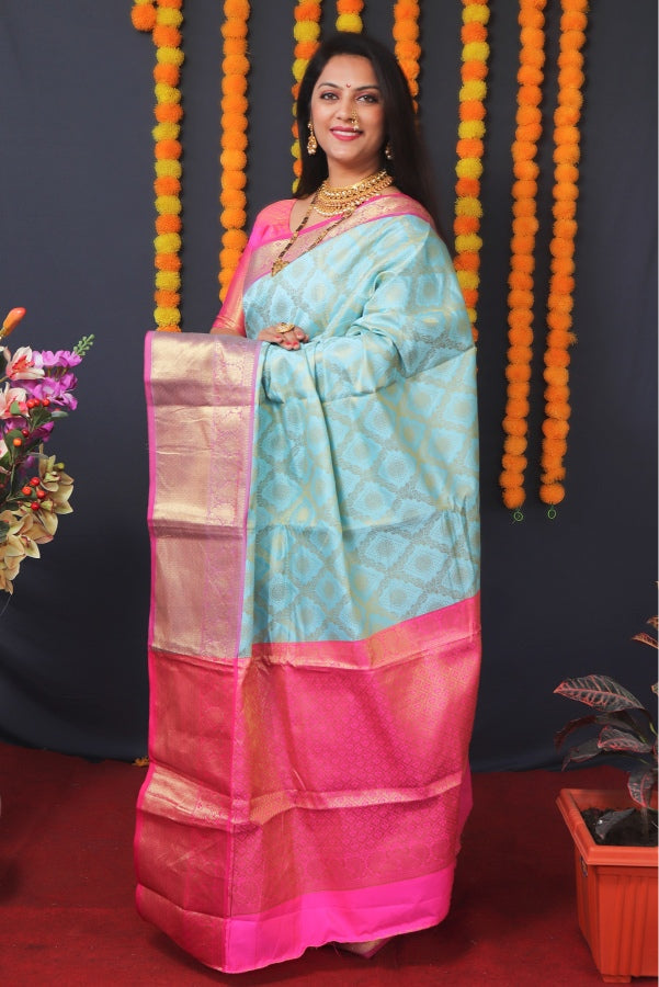 Beautiful sky Kanjivaram Silk With Extraordinary Blouse Piece