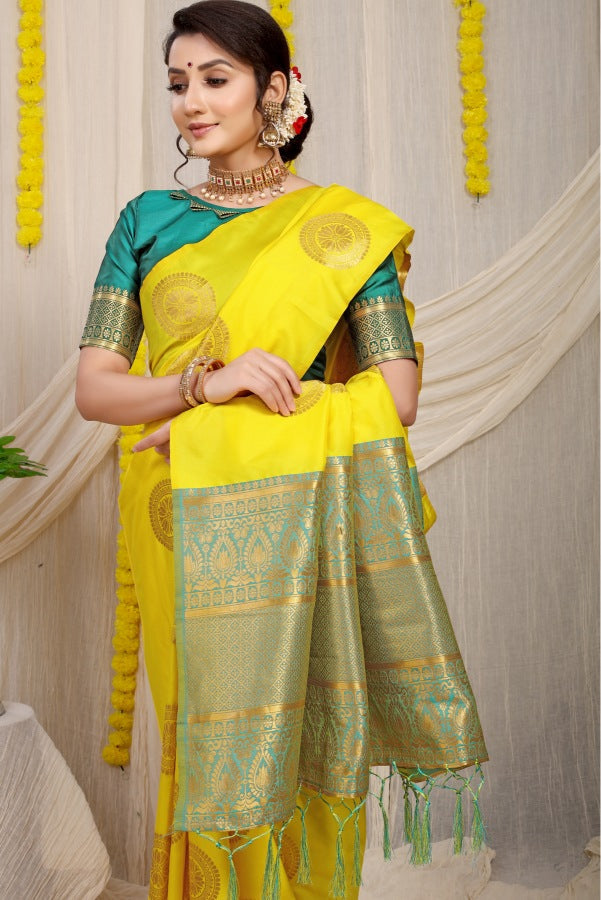 Attractive Lemon Kanjivaram Silk Saree and Angelic Blouse Piece