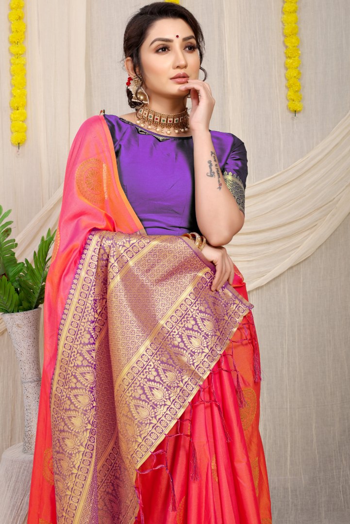 Adorning Pink Kanjivaram Silk Saree and Angelic Blouse Piece