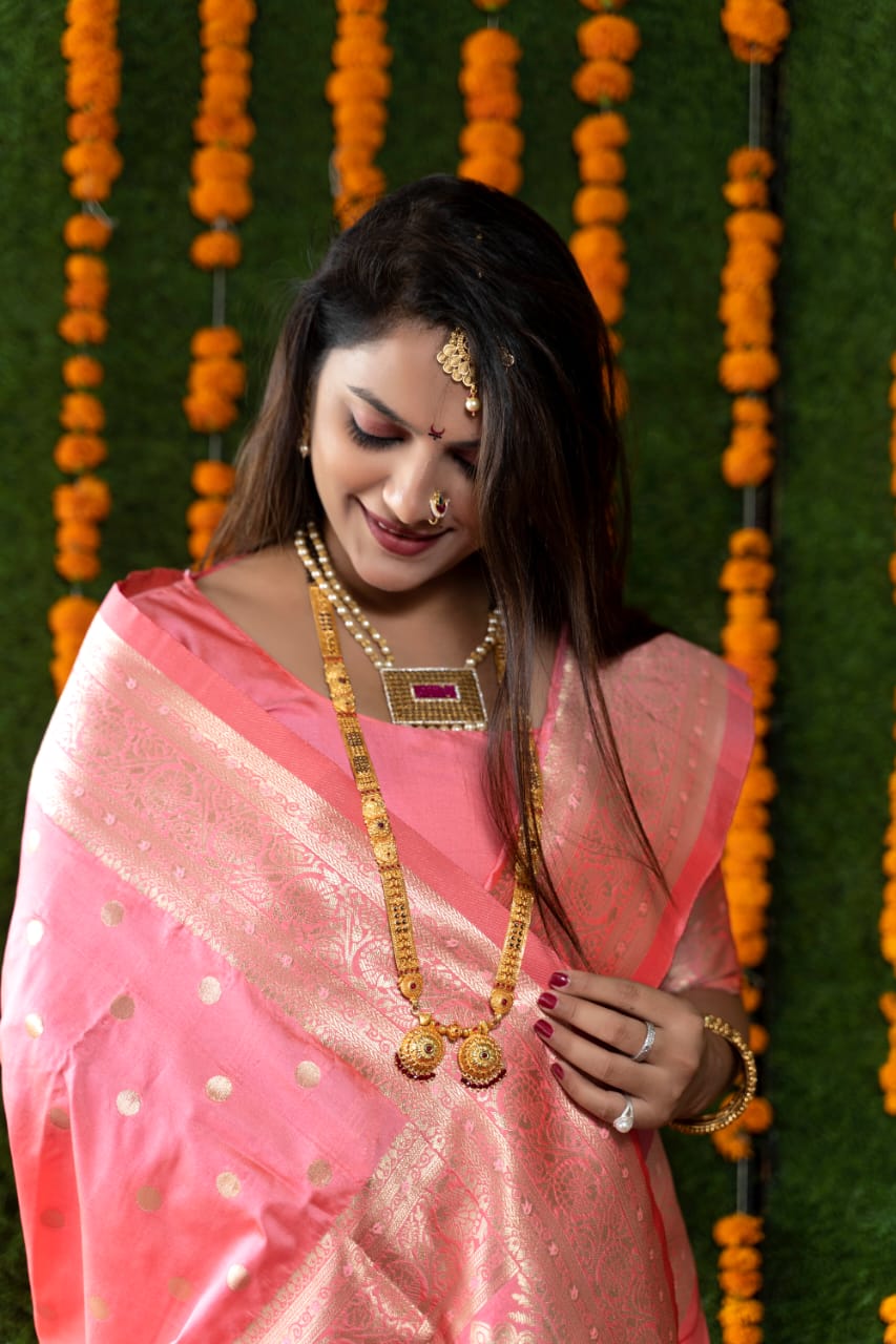 Elegant Baby Pink Banarasi Silk Saree With Most Traditional Blouse Piece