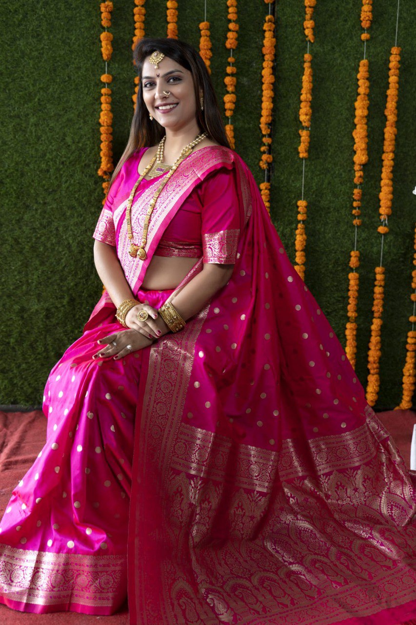 Innovative Pink Banarasi Silk Saree With Most Traditional Blouse Piece