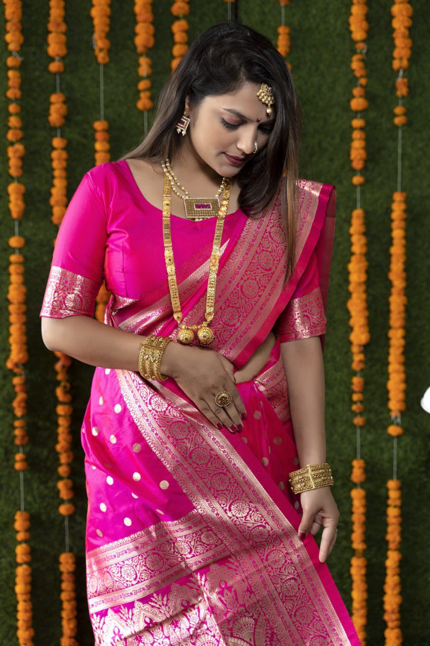 Innovative Pink Banarasi Silk Saree With Most Traditional Blouse Piece