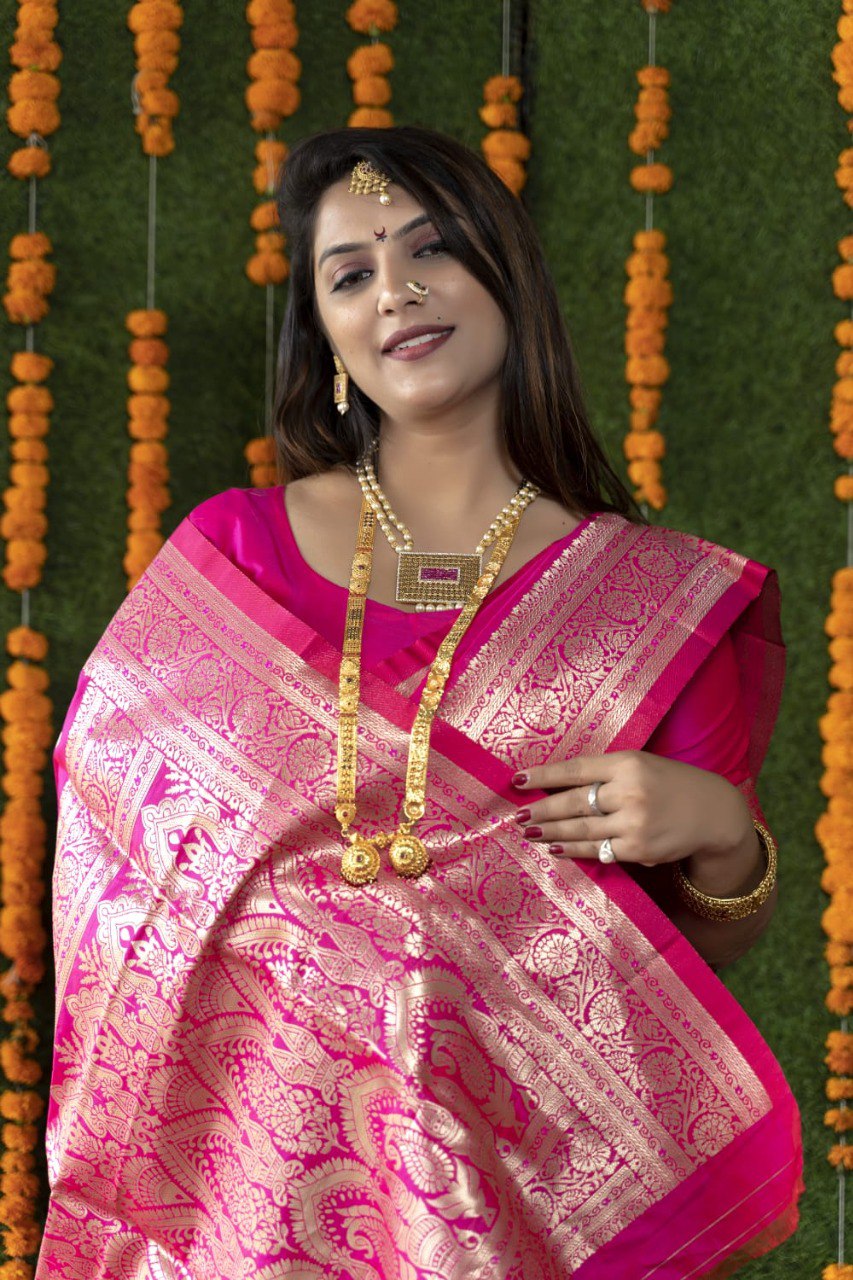 Innovative Pink Banarasi Silk Saree With Most Traditional Blouse Piece