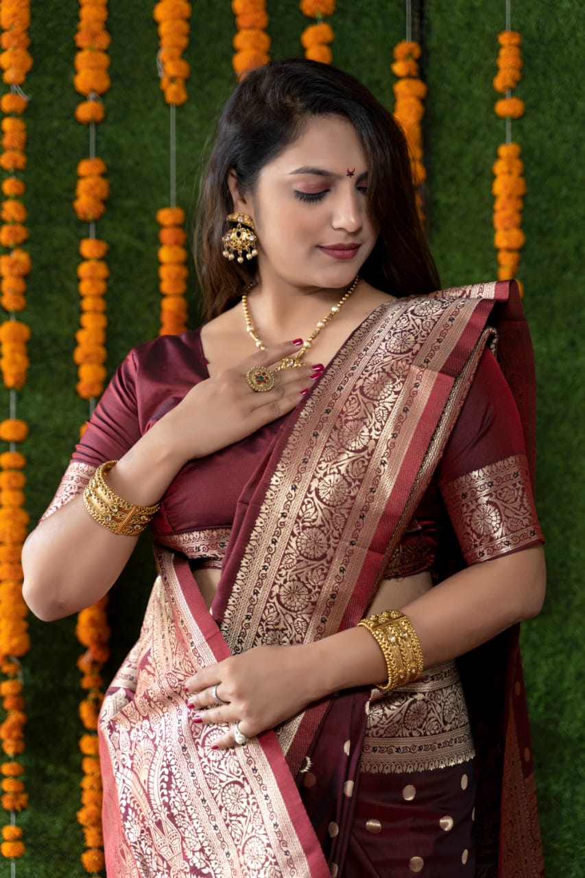 Marvellous Wine Banarasi Silk Saree With Most Traditional Blouse Piece