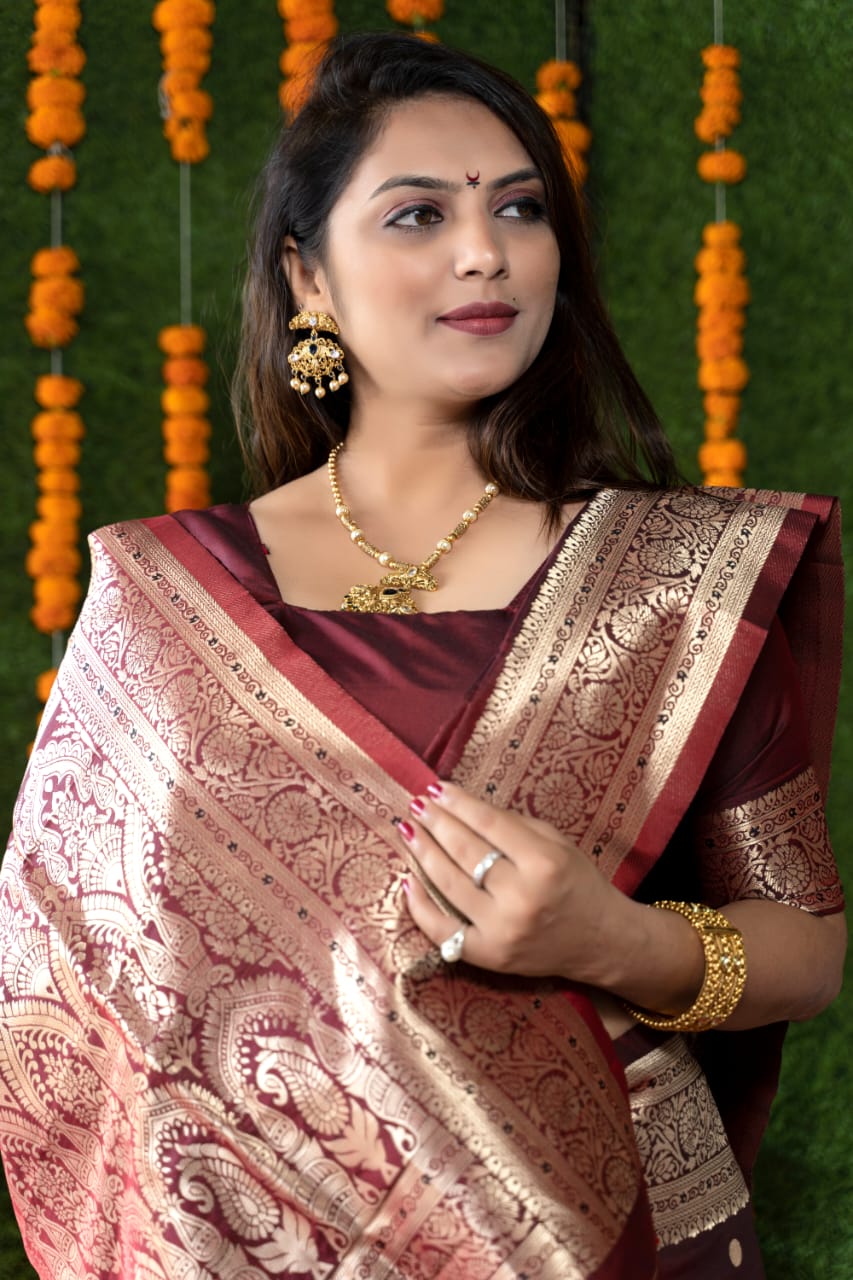 Marvellous Wine Banarasi Silk Saree With Most Traditional Blouse Piece