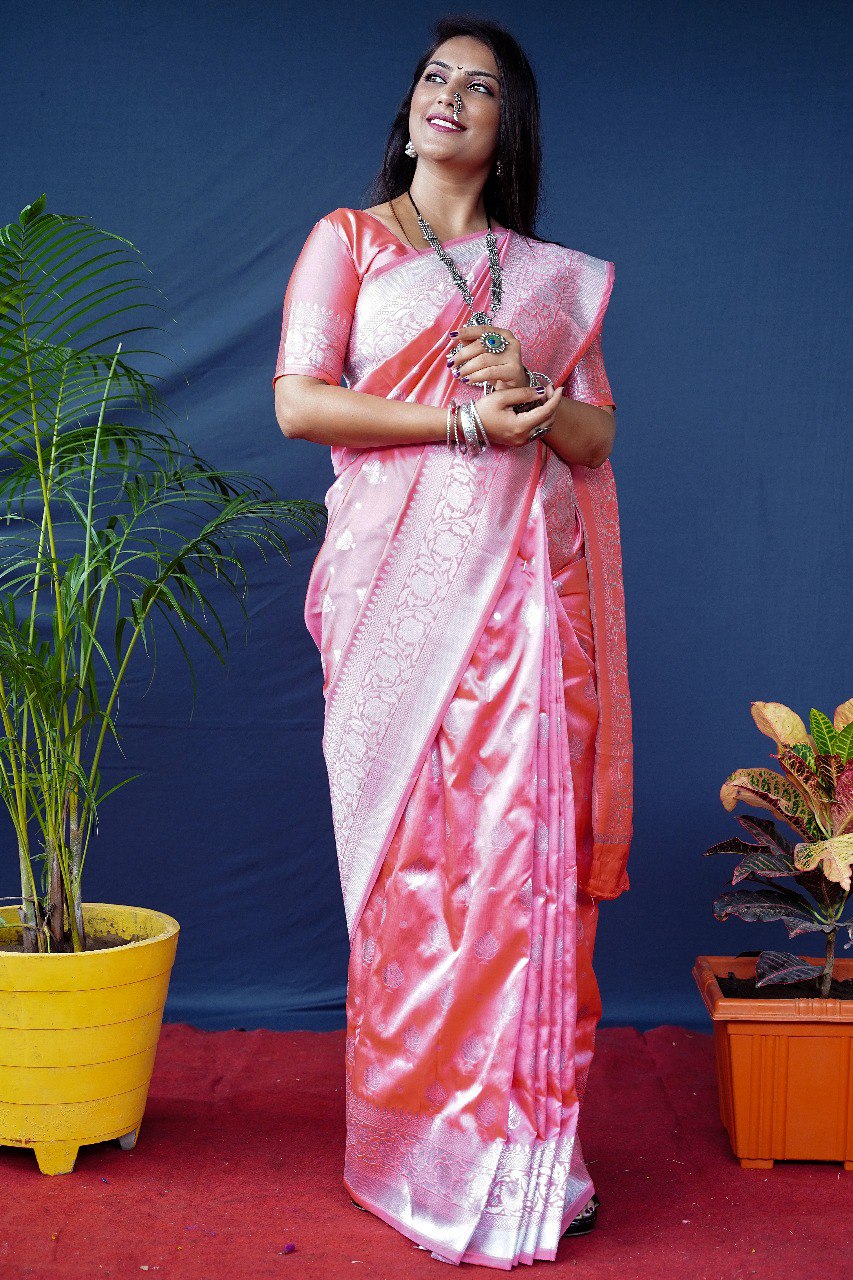 Elaborate Baby Pink Banarasi Silk Saree With Symmetrical Blouse Piece