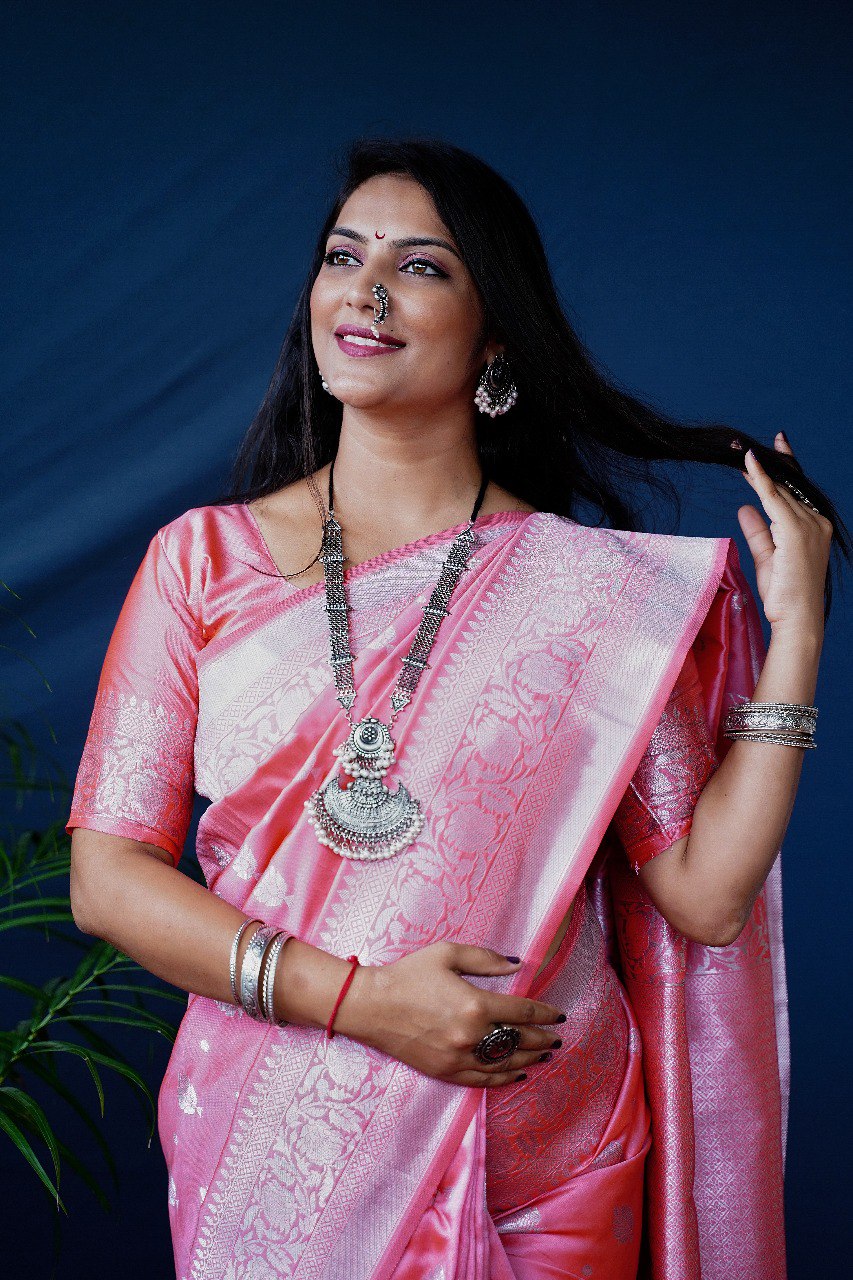 Elaborate Baby Pink Banarasi Silk Saree With Symmetrical Blouse Piece