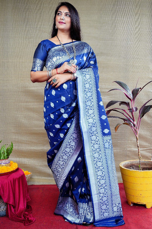 Exuberant Navy Blue Banarasi Silk Saree With Symmetrical Blouse Piece