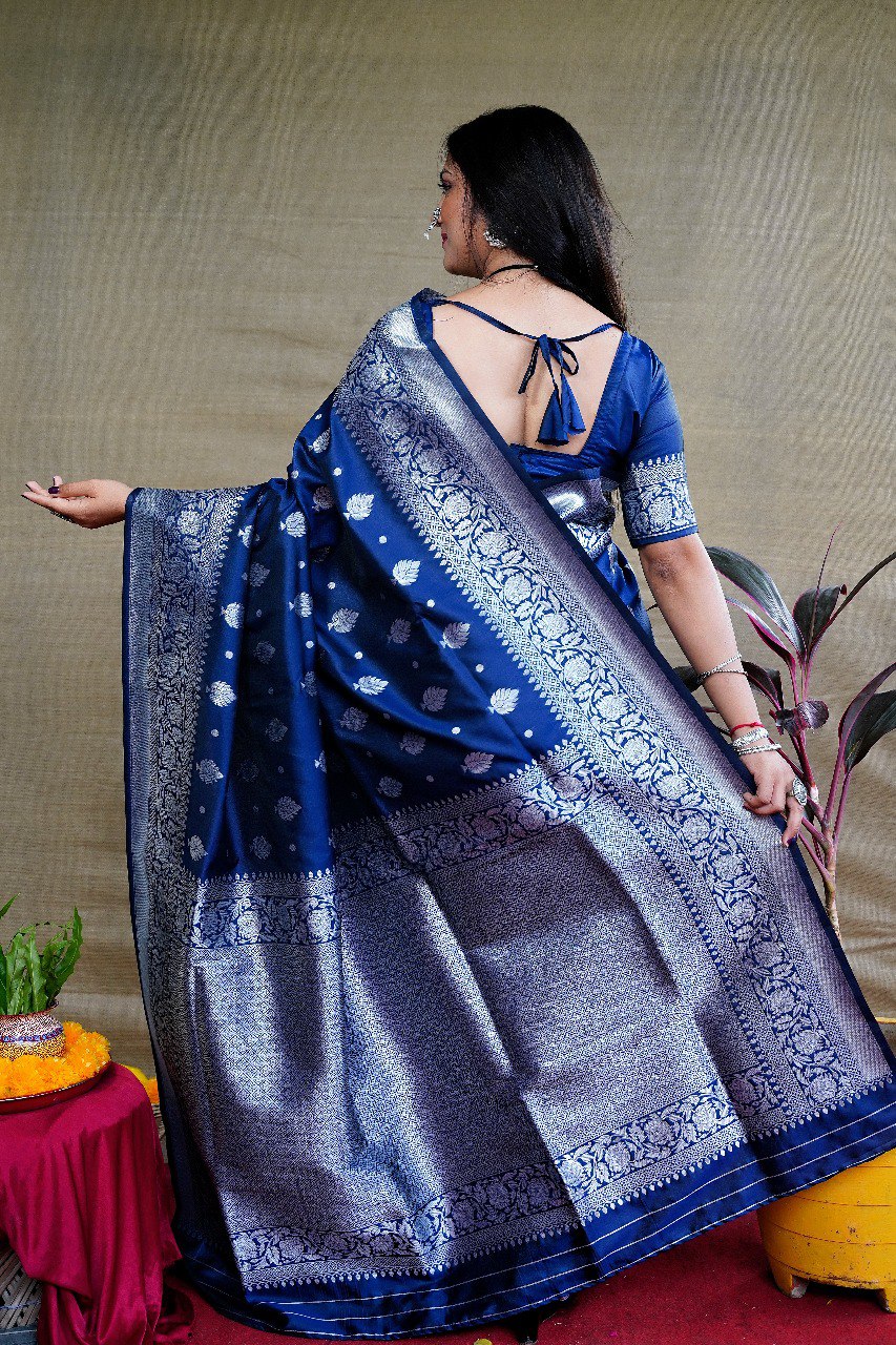 Exuberant Navy Blue Banarasi Silk Saree With Symmetrical Blouse Piece