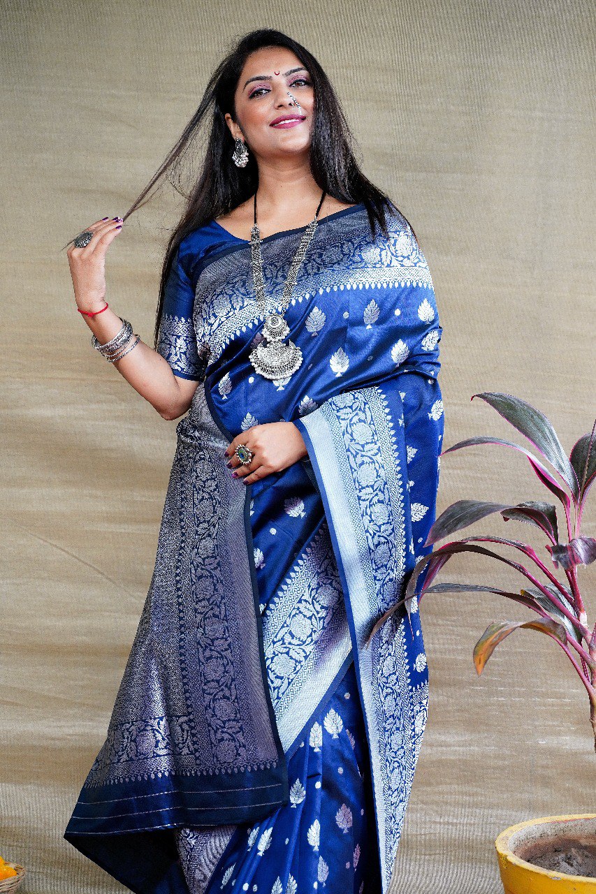 Exuberant Navy Blue Banarasi Silk Saree With Symmetrical Blouse Piece