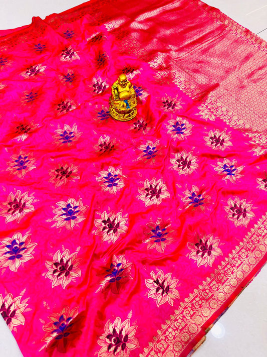 Charming Dark Pink Banarasi Silk Saree With Super classy Blouse Piece