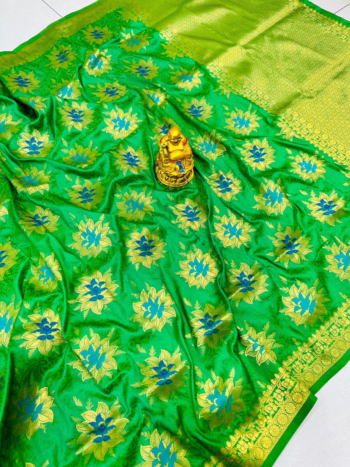 Deserving Green Banarasi Silk Saree With Traditional Blouse Piece