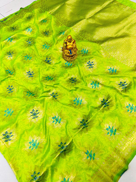 Intricate Parrot Banarasi Silk Saree With Divine Blouse Piece