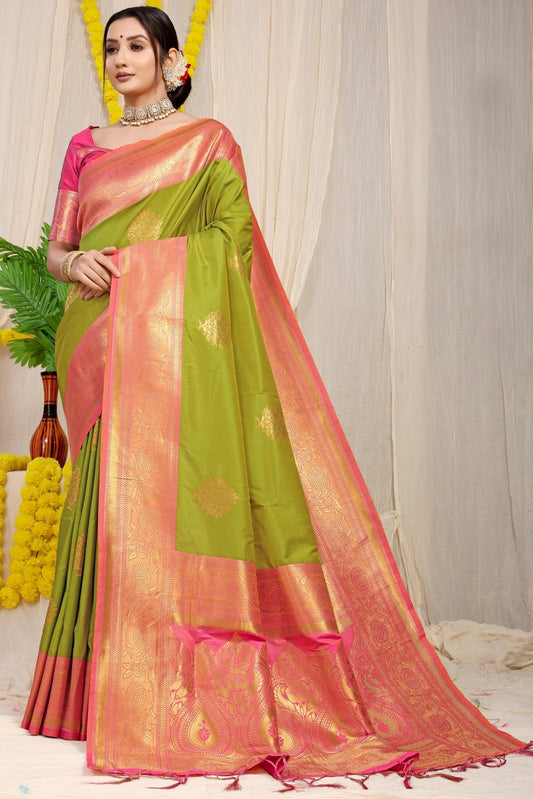 Fairytale Mehndi Banarasi Silk Saree With Forbearance Blouse Piece