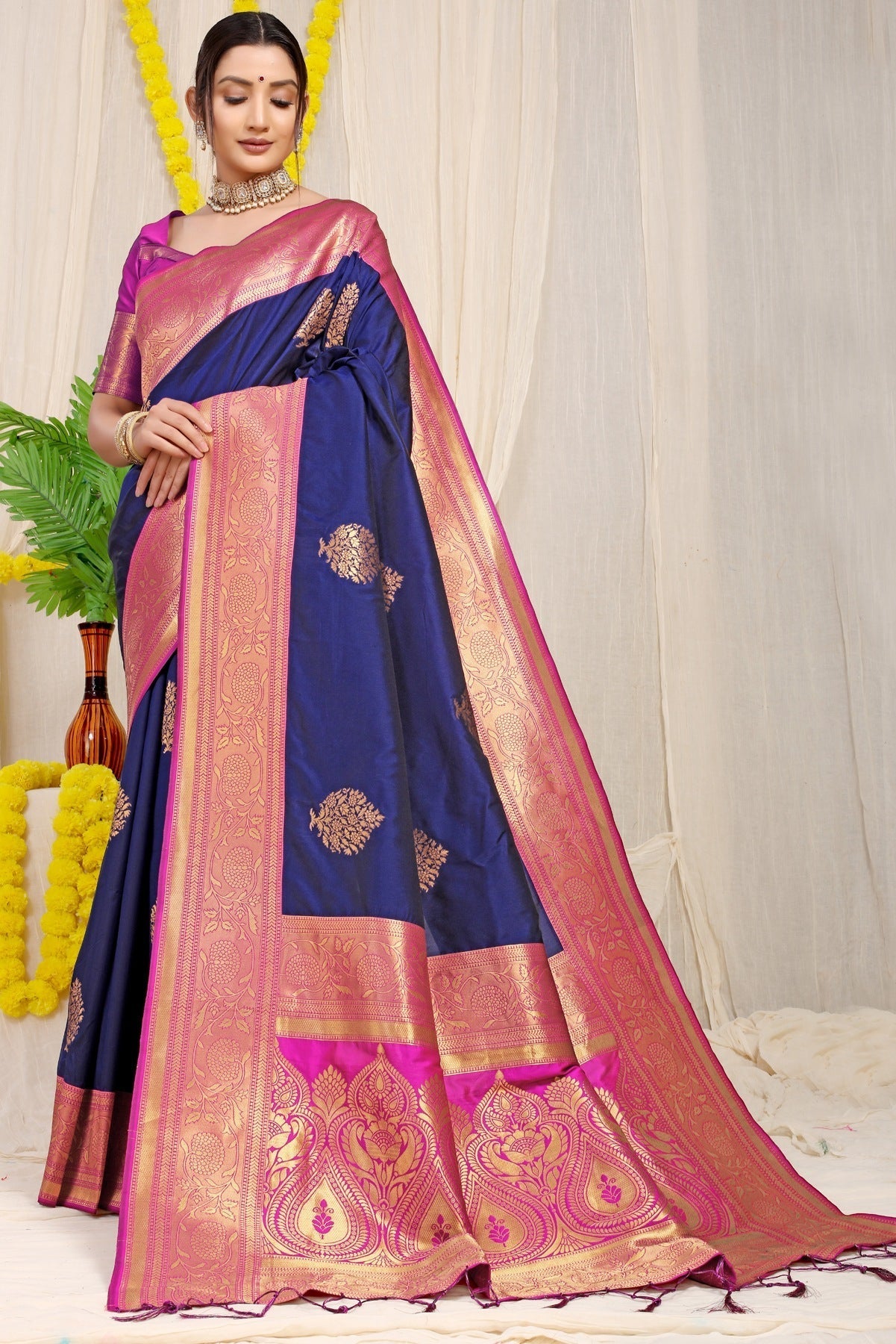 Opulent Navy Blue Banarasi Silk Saree With Forbearance Blouse Piece