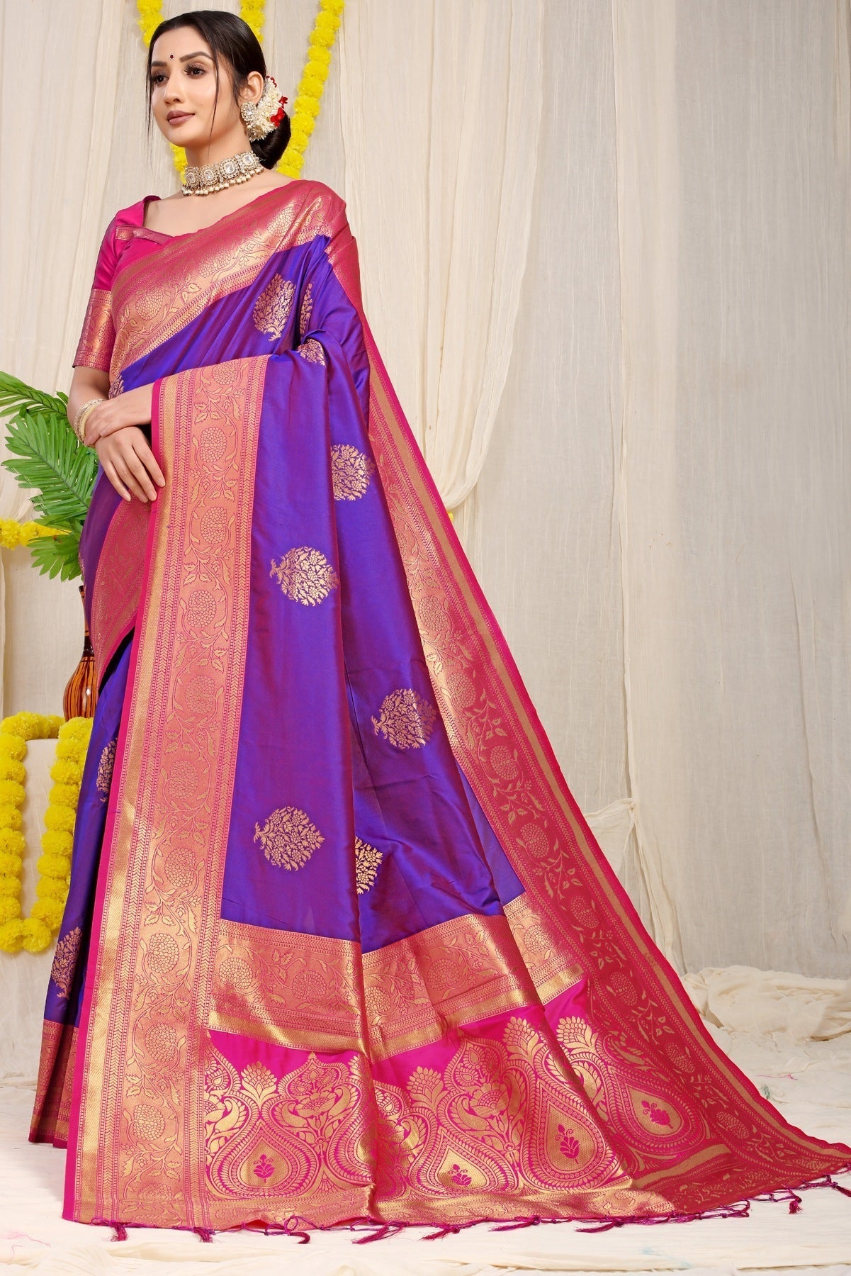 Beautiful Purple Banarasi Silk Saree With Forbearance Blouse Piece