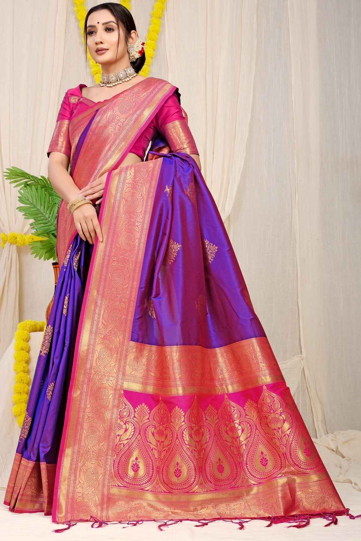 Beautiful Purple Banarasi Silk Saree With Forbearance Blouse Piece