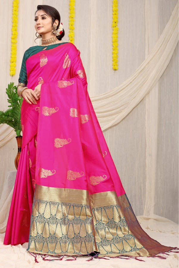 Elegant Dark Pink Banarasi Silk With Pretty Blouse Piece