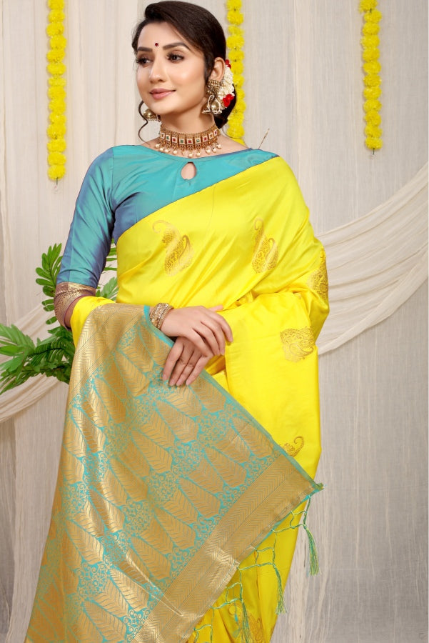 Lovely Lemon Banarasi Silk With Gleaming Blouse Piece