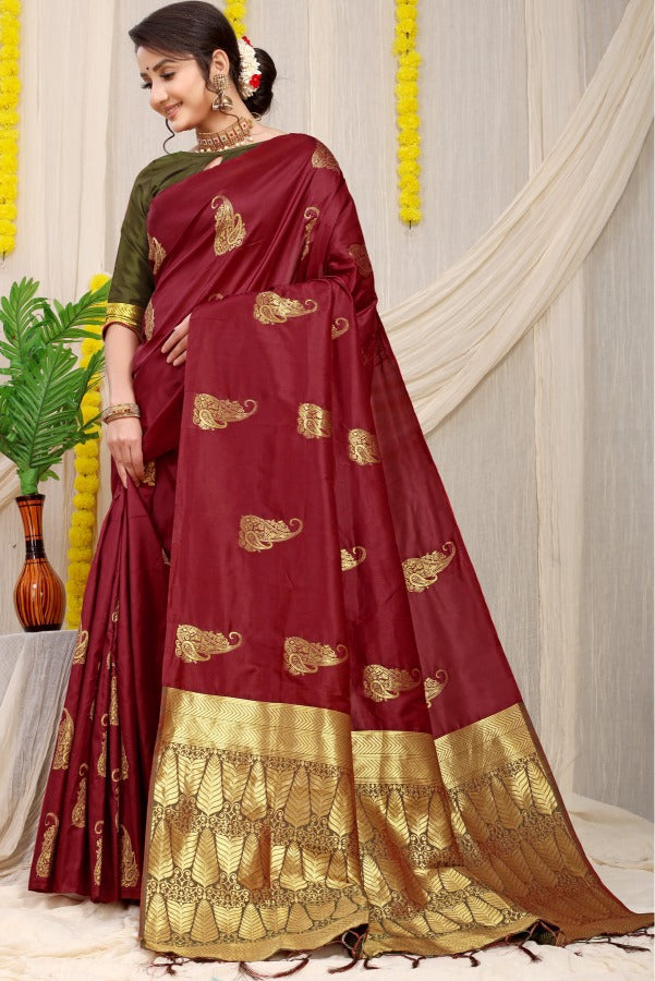 Energetic Maroon Banarasi Silk With Refreshing Blouse Piece