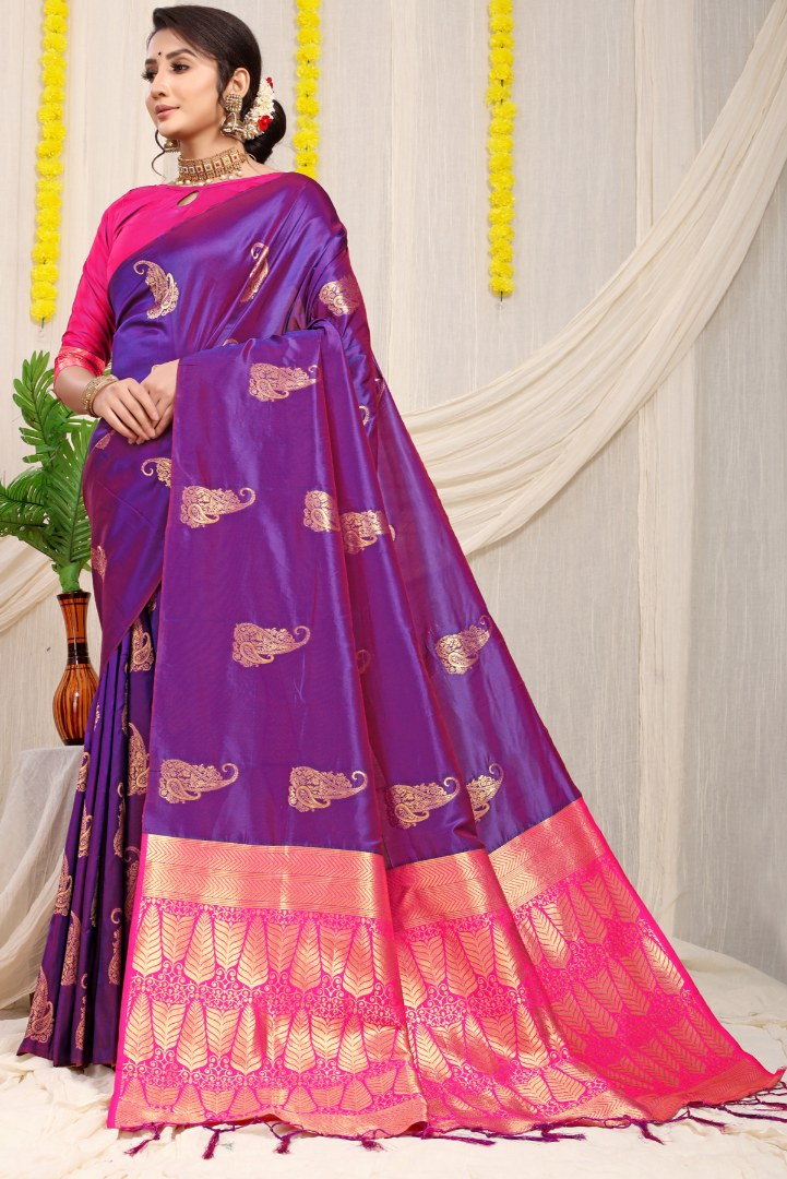 Adorning Purple Banarasi Silk With Snappy Blouse Piece