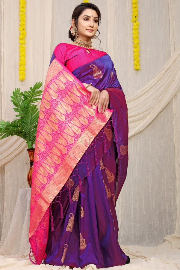 Adorning Purple Banarasi Silk With Snappy Blouse Piece