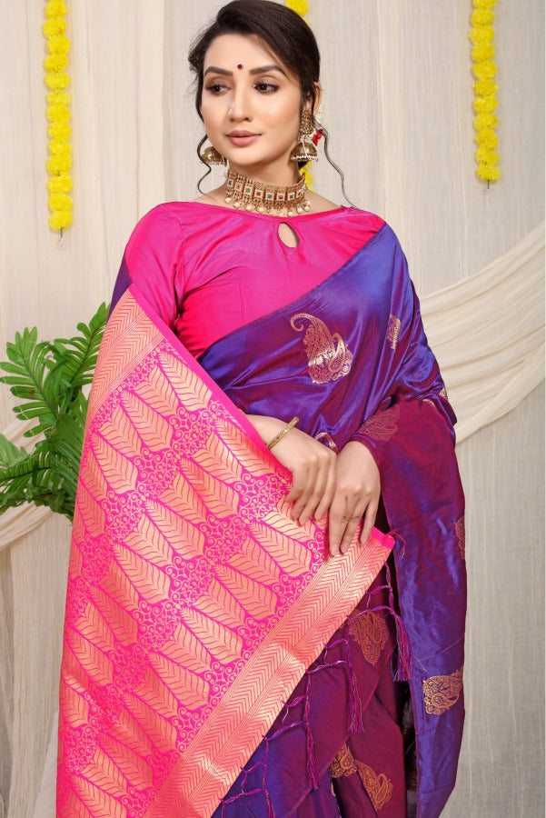 Adorning Purple Banarasi Silk With Snappy Blouse Piece