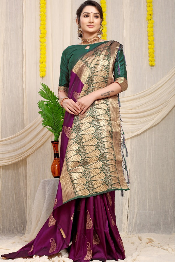 Beautiful Wine Banarasi Silk With Girlish Blouse Piece