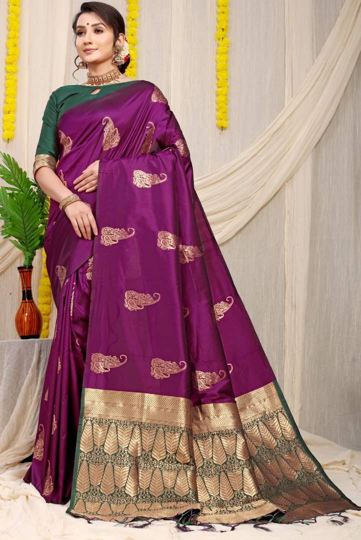 Beautiful Wine Banarasi Silk With Girlish Blouse Piece