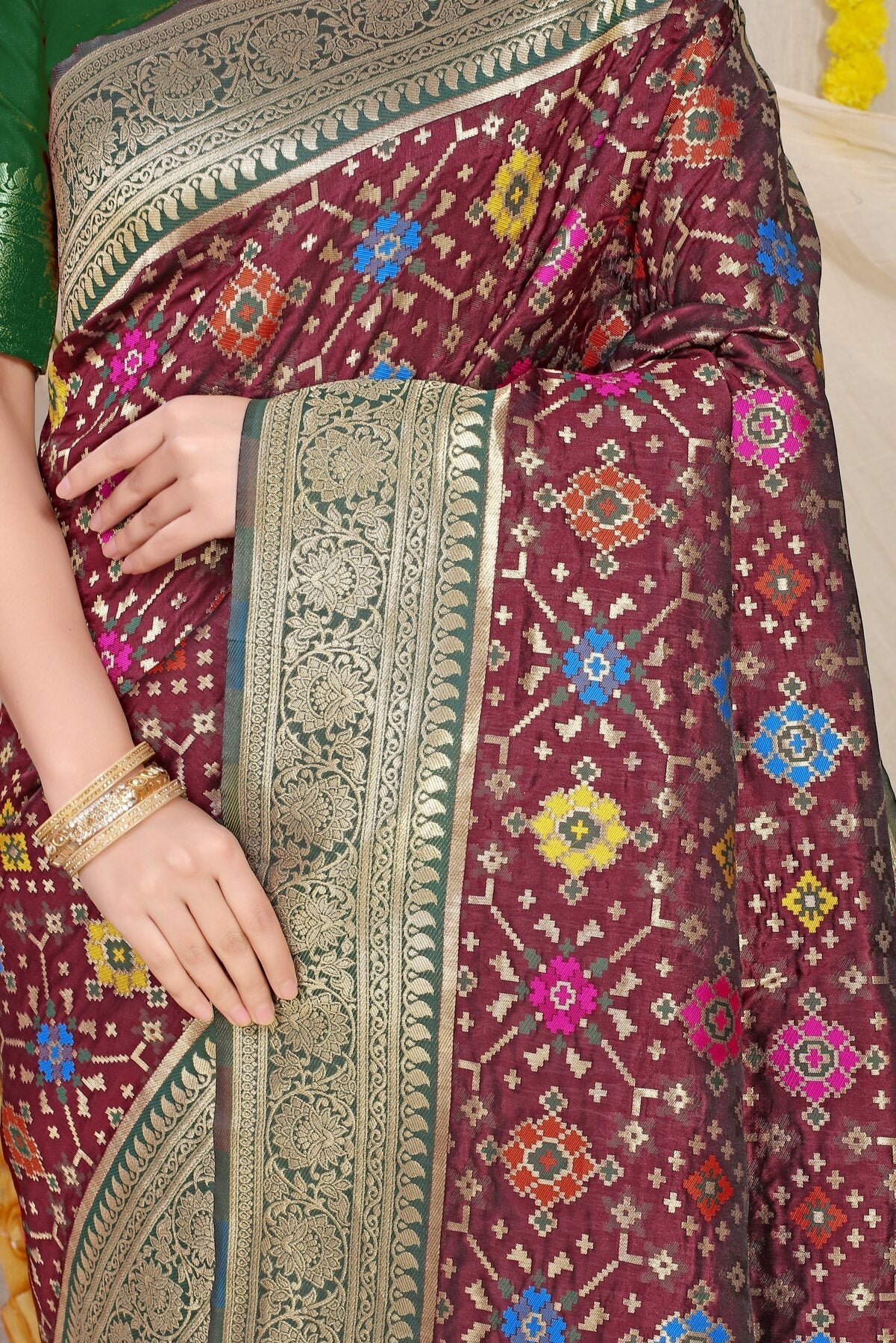 Adorable Wine Soft Patola Silk Saree with Demanding Blouse Piece