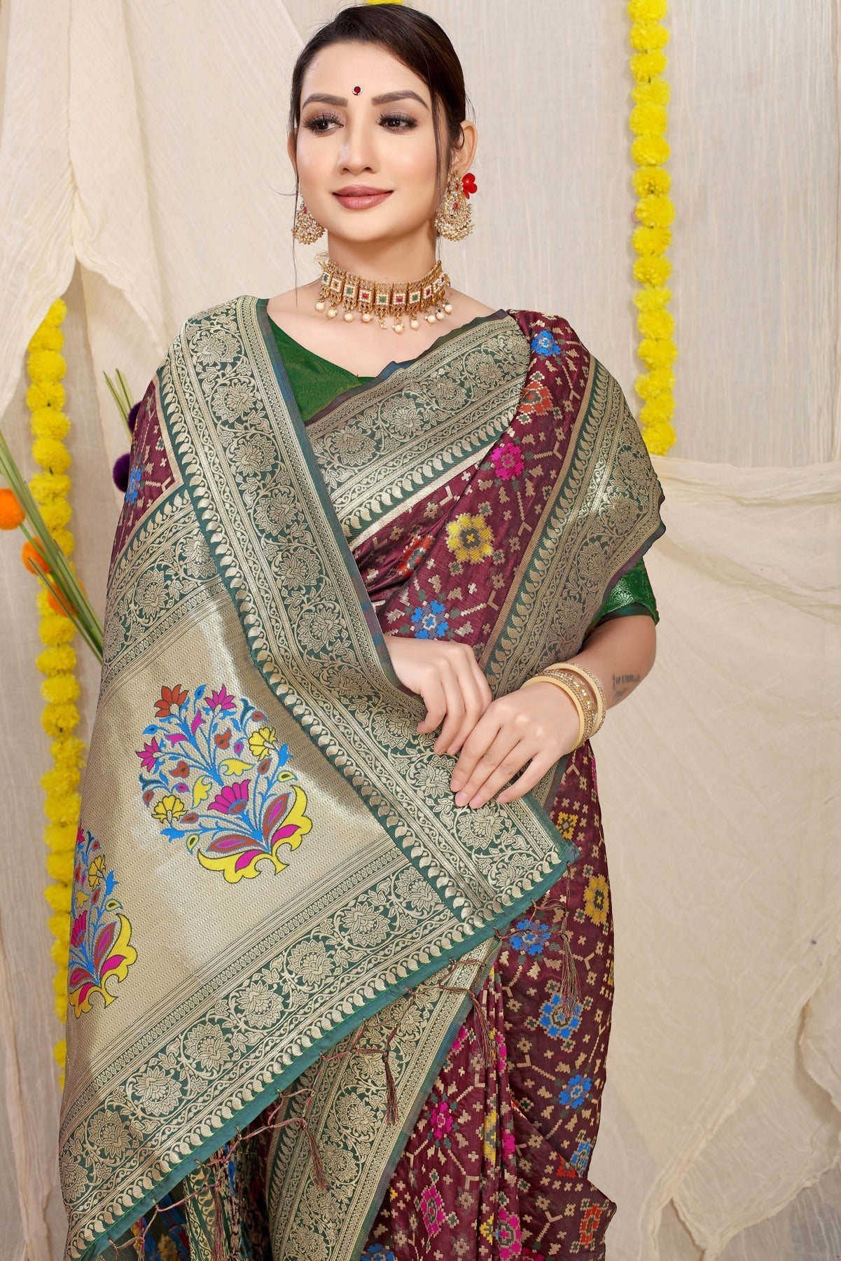 Adorable Wine Soft Patola Silk Saree with Demanding Blouse Piece