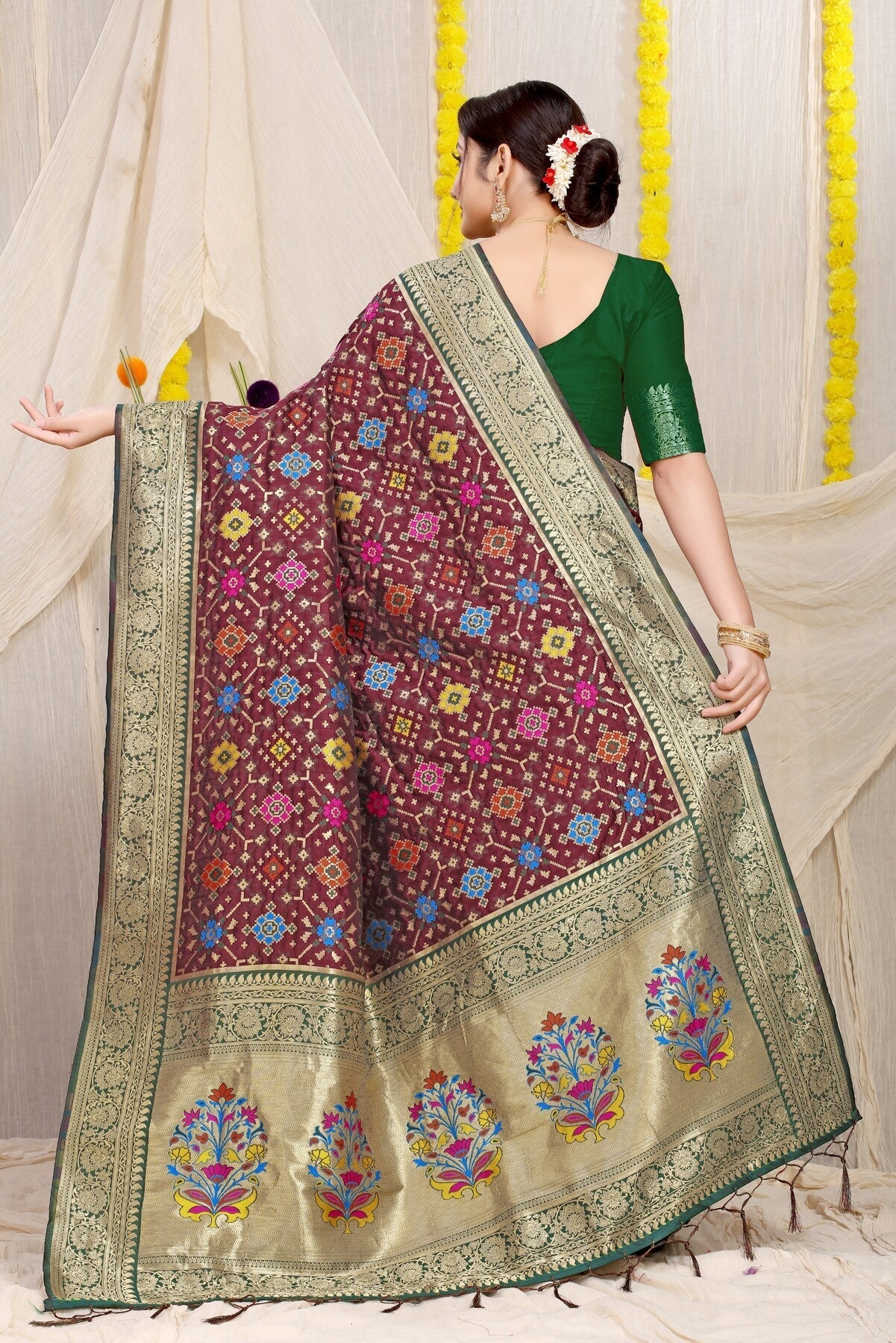 Adorable Wine Soft Patola Silk Saree with Demanding Blouse Piece