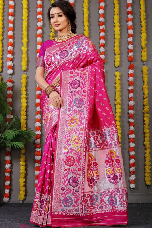 Capricious Dark Pink Banarasi Silk Saree With Scintilla Blouse Piece