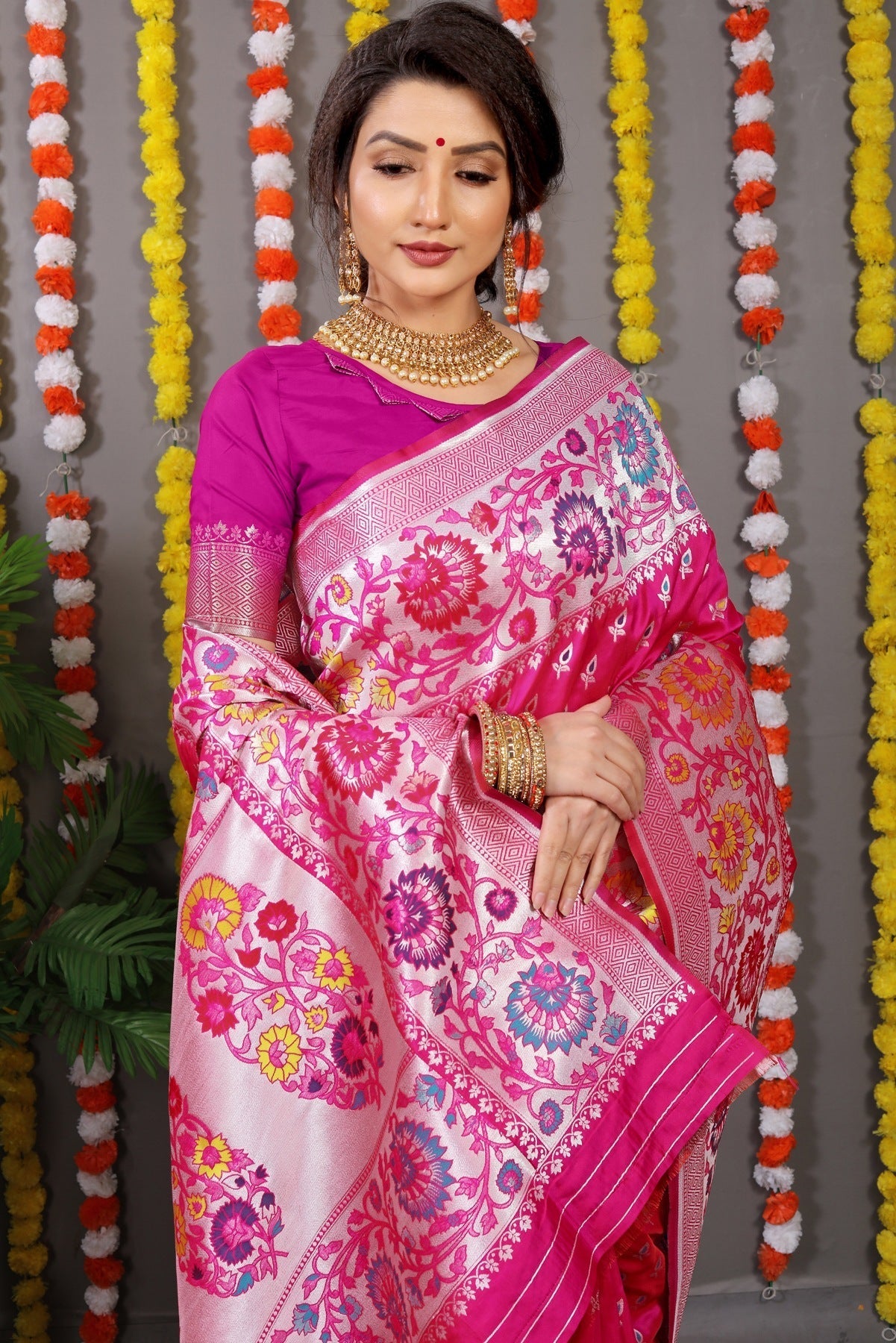 Capricious Dark Pink Banarasi Silk Saree With Scintilla Blouse Piece