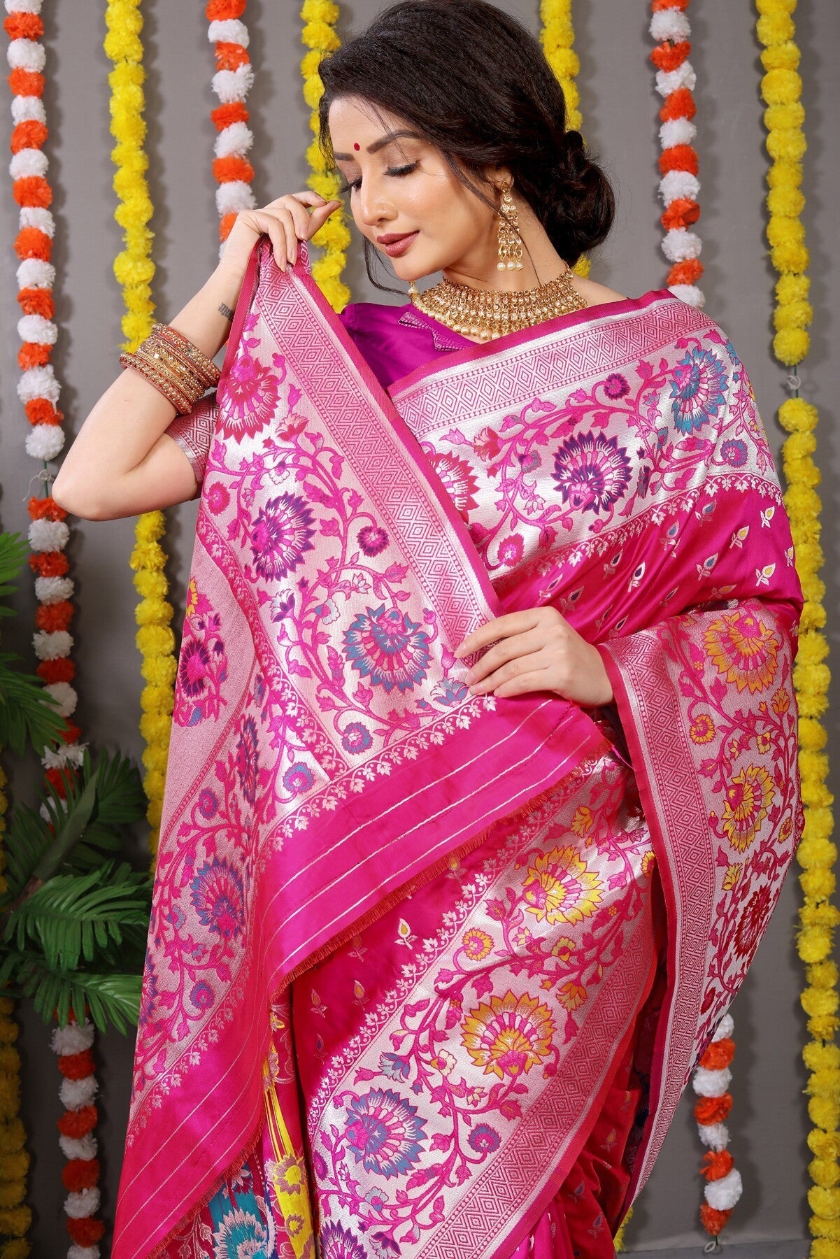 Capricious Dark Pink Banarasi Silk Saree With Scintilla Blouse Piece