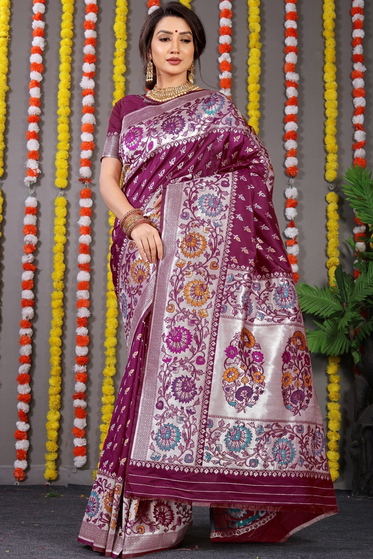 Gratifying Wine Banarasi Silk Saree With Scintilla Blouse Piece