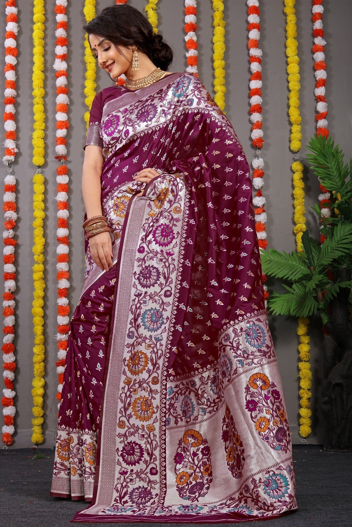 Gratifying Wine Banarasi Silk Saree With Scintilla Blouse Piece