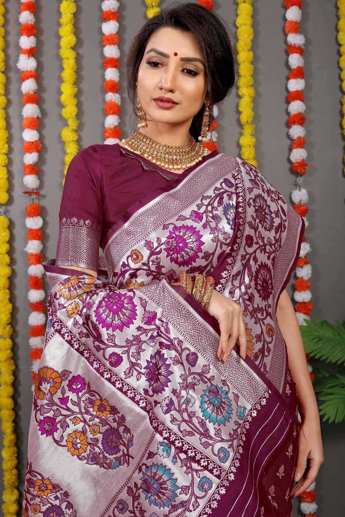 Gratifying Wine Banarasi Silk Saree With Scintilla Blouse Piece