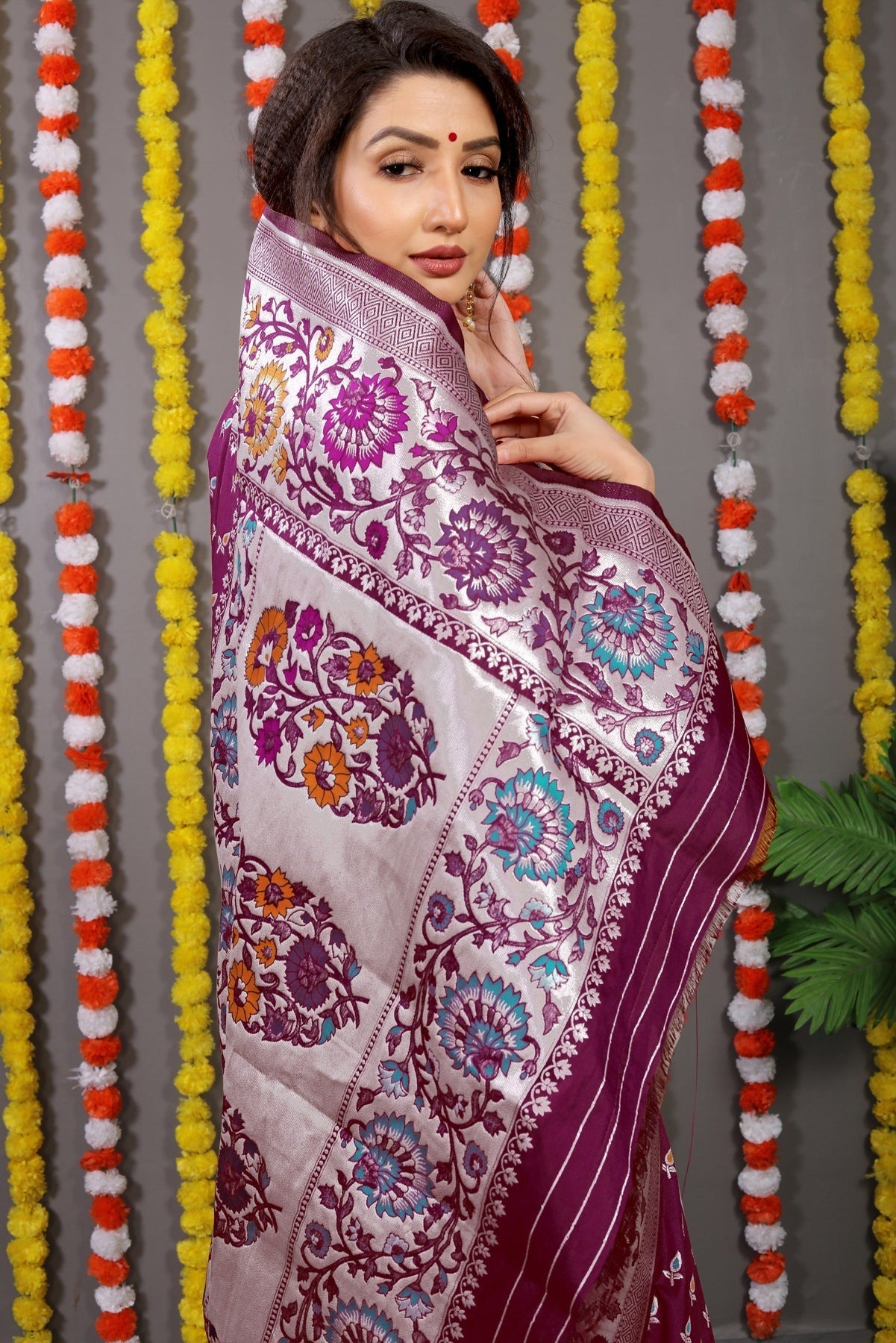 Gratifying Wine Banarasi Silk Saree With Scintilla Blouse Piece