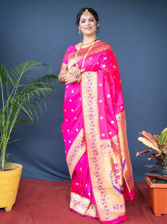 Adorning Dark Pink Paithani Silk Saree With Ethnic Blouse Piece