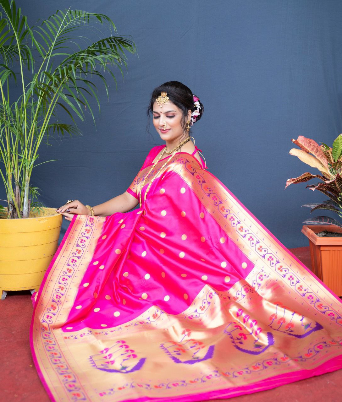 Adorning Dark Pink Paithani Silk Saree With Ethnic Blouse Piece