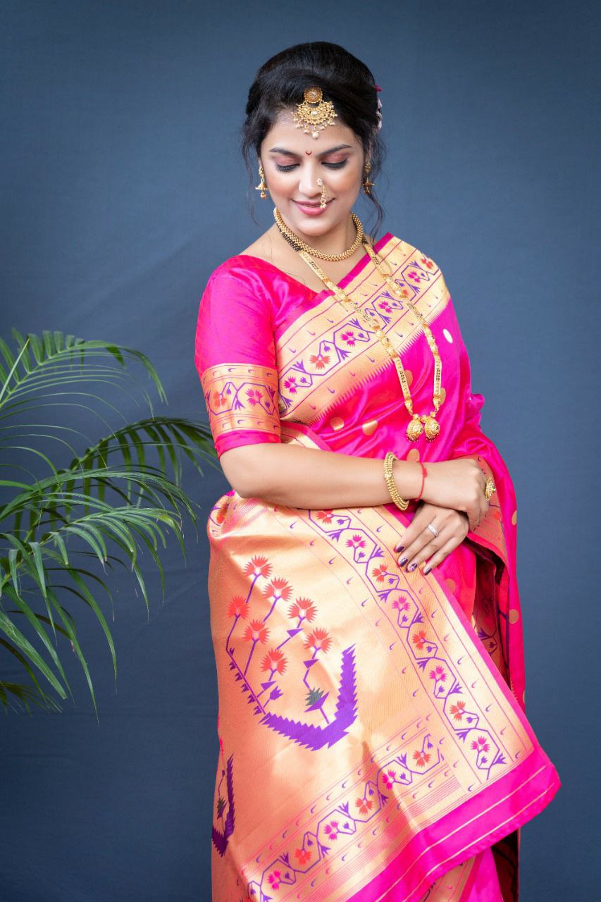 Adorning Dark Pink Paithani Silk Saree With Ethnic Blouse Piece